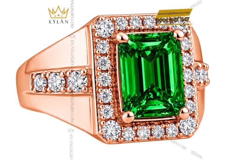 Nhẫn nam vàng hồng Au750 đính kim cương và đá ngọc lục bảo