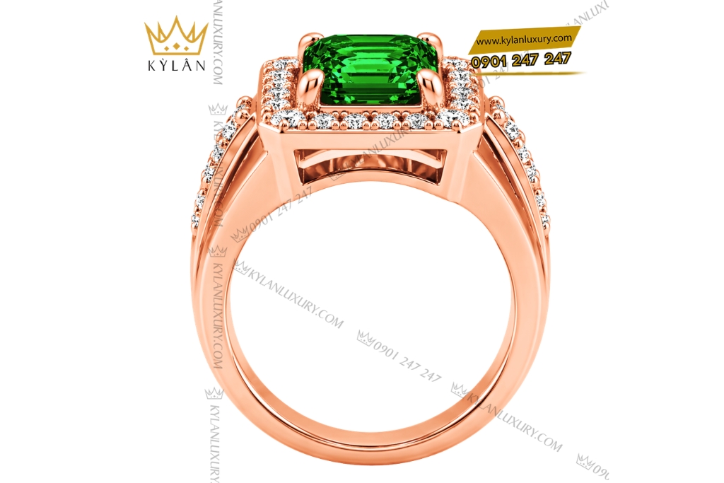 Nhẫn nam vàng hồng Au750 đính kim cương và đá ngọc lục bảo