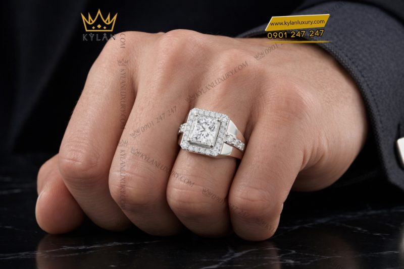 Nhẫn nam vàng trắng Au750 đính kim cương