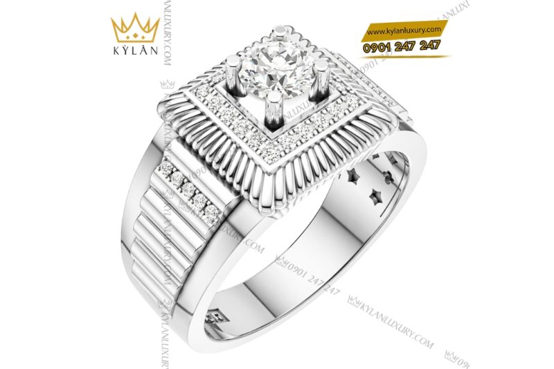 Nhẫn nam vàng trắng Au750 đính kim cương