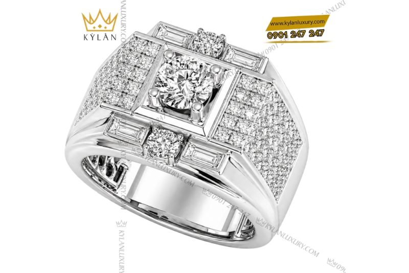 Nhẫn nam vàng trắng Au750 đính kim cương