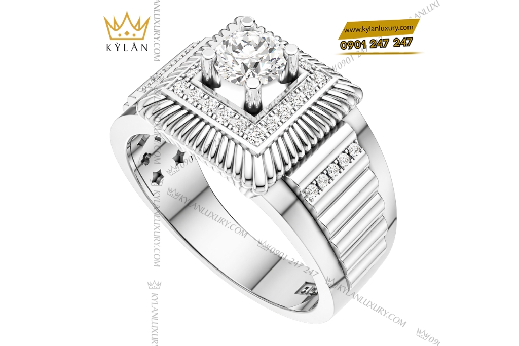 Kỳ Lân Luxury Nhan nam vang trang Au750 dinh kim cuong 4 1 Nhẫn nam vàng trắng Au750 đính kim cương