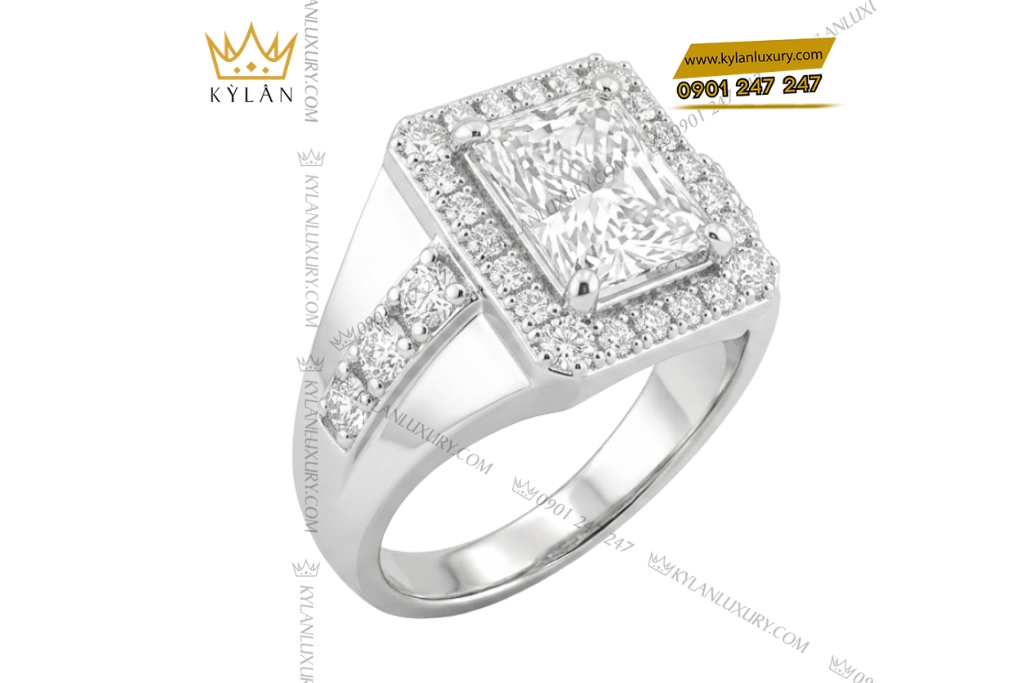 Nhẫn nam vàng trắng Au750 đính kim cương