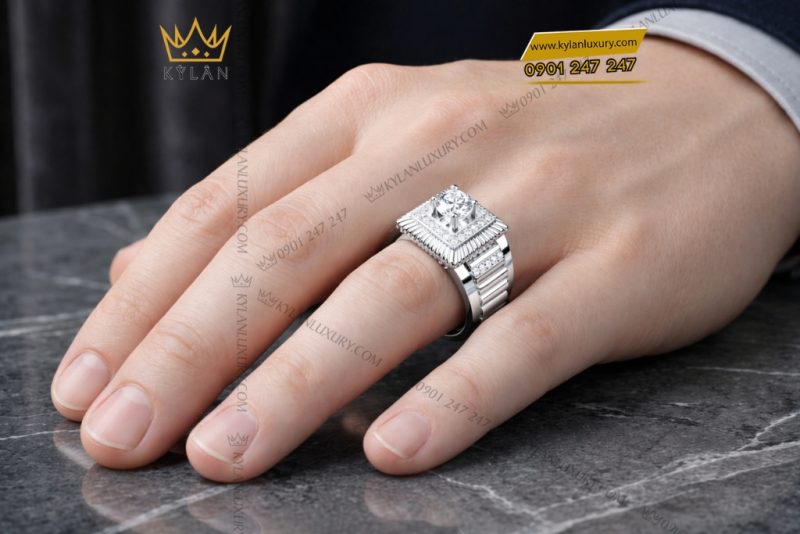 Nhẫn nam vàng trắng Au750 đính kim cương