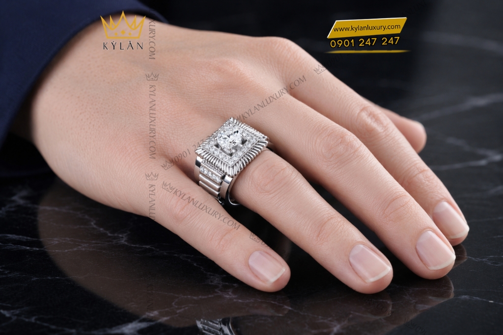 Nhẫn nam vàng trắng Au750 đính kim cương