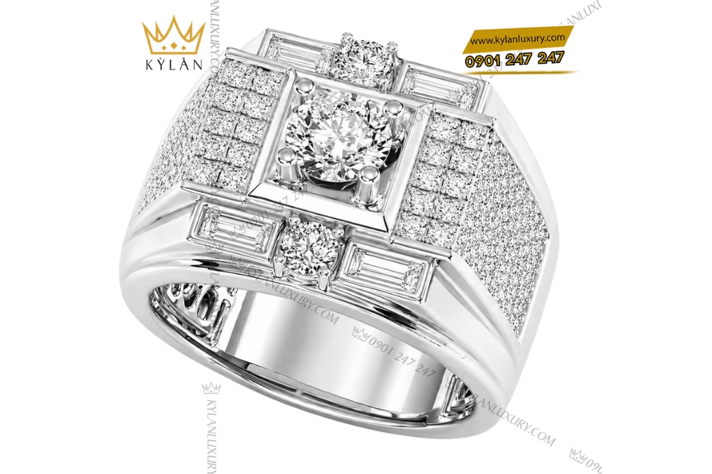 Nhẫn nam vàng trắng Au750 đính kim cương
