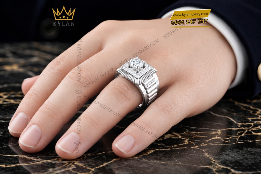 Kỳ Lân Luxury Nhan nam vang trang Au750 dinh kim cuong 8 1 Nhẫn nam vàng trắng Au750 đính kim cương