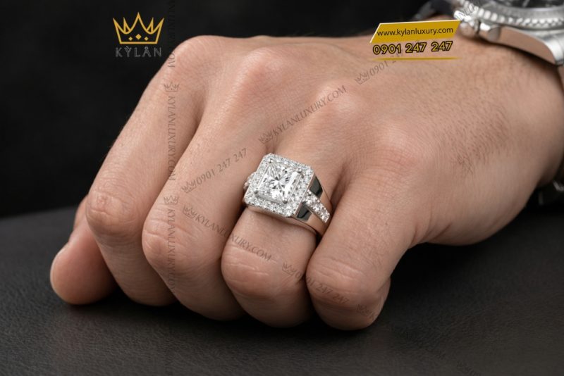Nhẫn nam vàng trắng Au750 đính kim cương