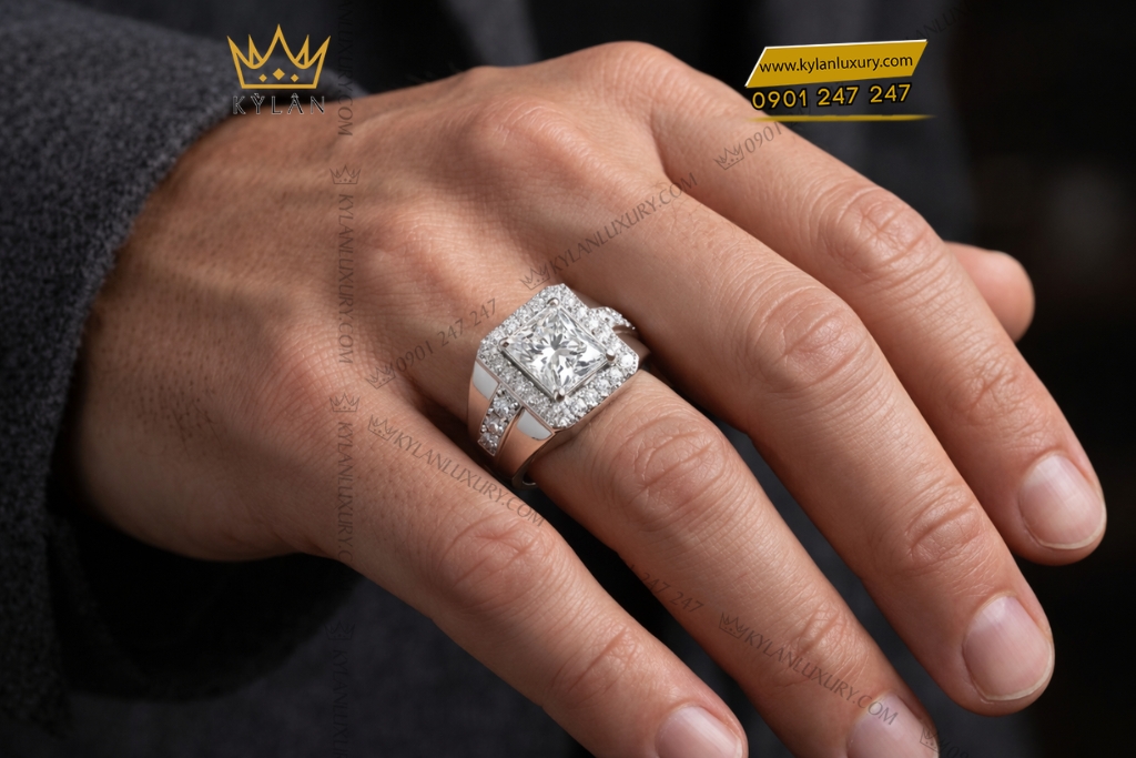 Kỳ Lân Luxury Nhan nam vang trang Au750 dinh kim cuong 9 Nhẫn nam vàng trắng Au750 đính kim cương