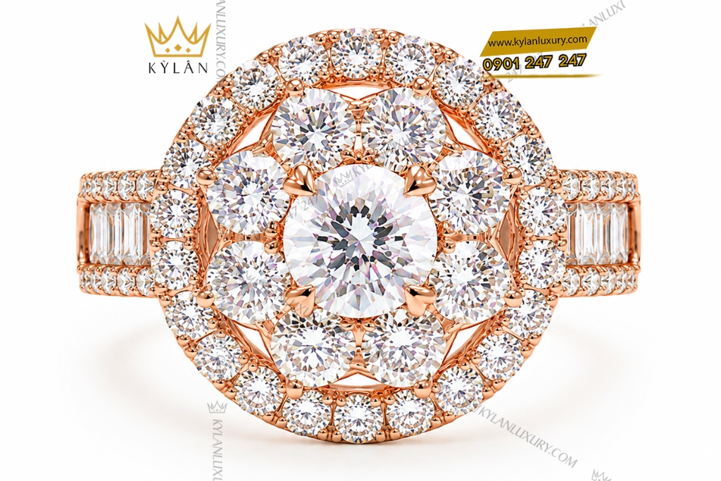 Kỳ Lân Luxury Nhan nu vang hong Au750 dinh kim cuong 1 5 Nhẫn nữ kim cương vàng hồng Au750 đính viên chủ 6ly3