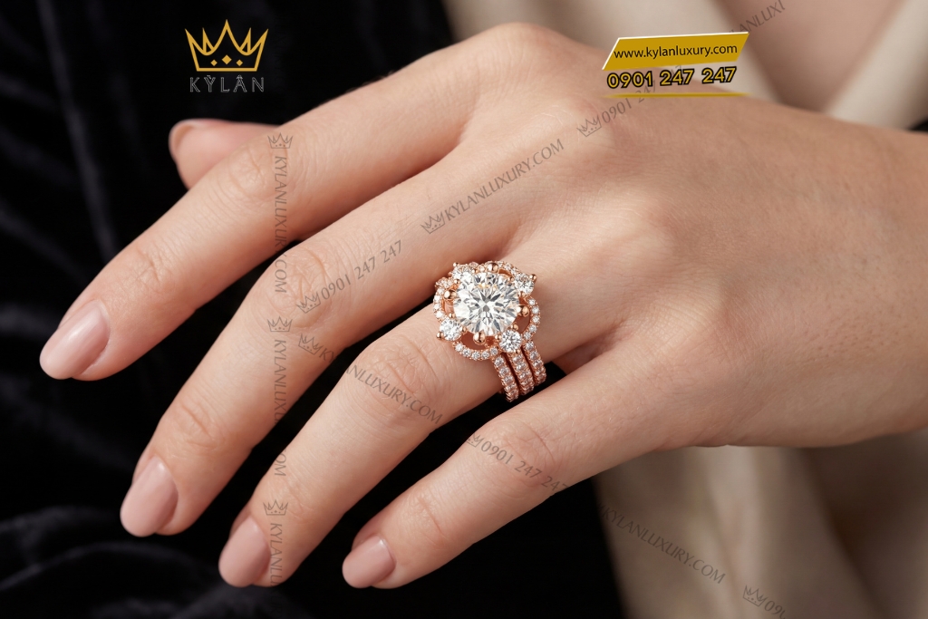 Nhẫn nữ vàng hồng Au750 đính kim cương 3 Nhẫn nữ vàng hồng Au750 đính kim cương
