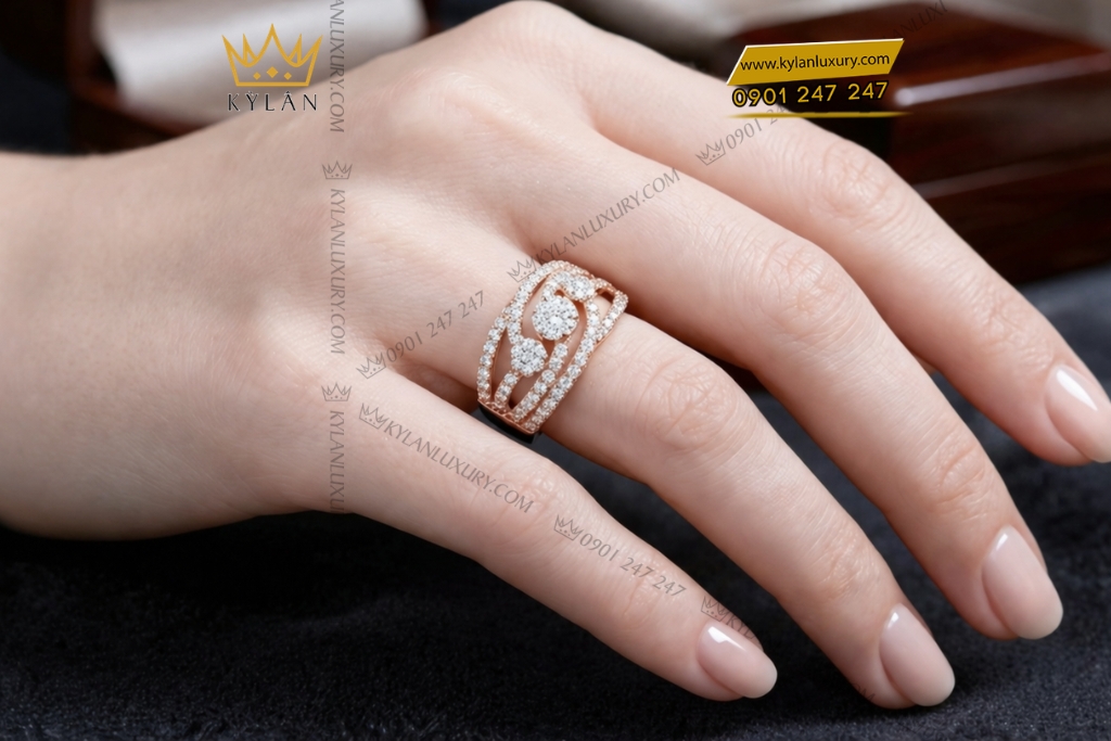 Nhẫn nữ vàng hồng Au750 đính kim cương
