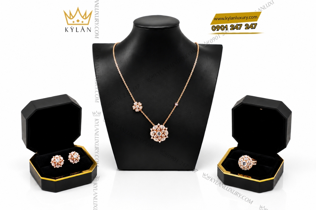 Kỳ Lân Luxury Nhan nu vang hong Au750 dinh kim cuong 10 6 Nhẫn nữ kim cương vàng hồng Au750 đính viên chủ 6ly3