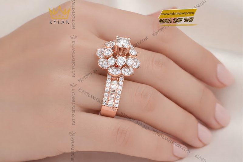 Nhẫn nữ vàng hồng Au750 đính kim cương