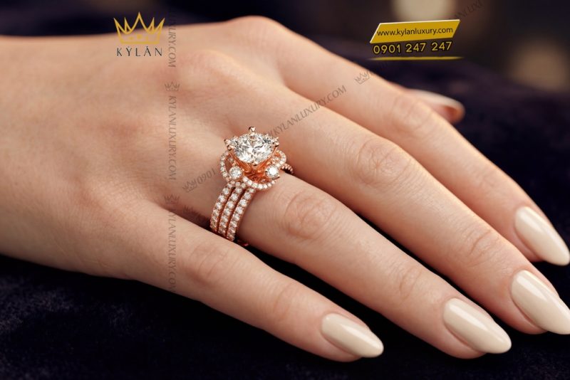 Nhẫn nữ vàng hồng Au750 đính kim cương