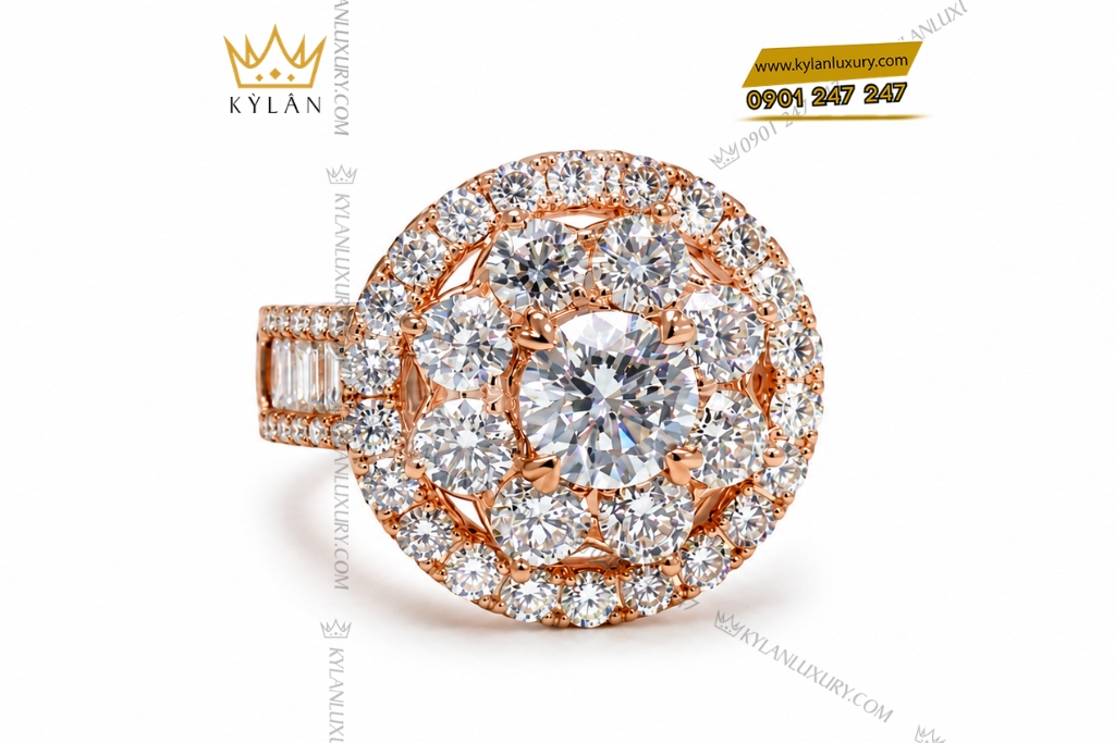 Kỳ Lân Luxury Nhan nu vang hong Au750 dinh kim cuong 2 5 Nhẫn nữ kim cương vàng hồng Au750 đính viên chủ 6ly3