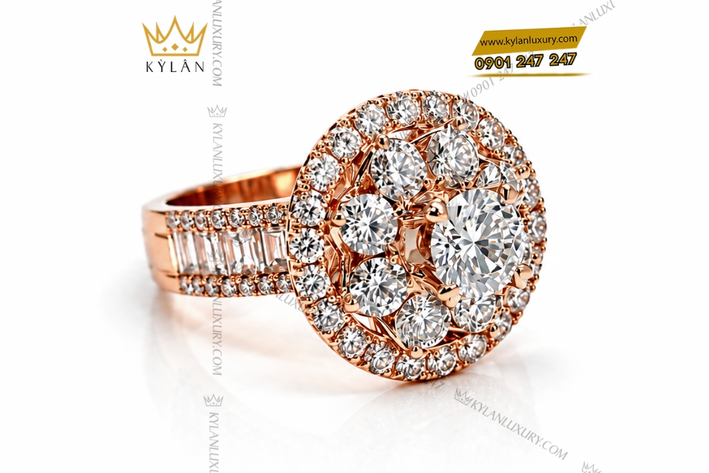 Kỳ Lân Luxury Nhan nu vang hong Au750 dinh kim cuong 5 5 Nhẫn nữ kim cương vàng hồng Au750 đính viên chủ 6ly3