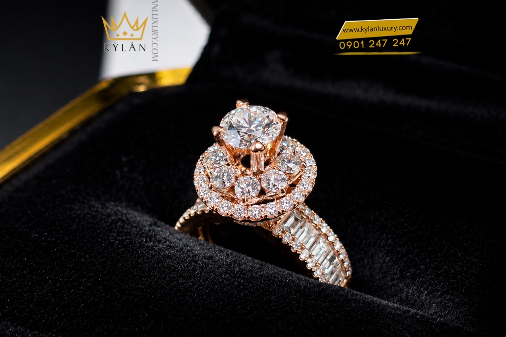 Kỳ Lân Luxury Nhan nu vang hong Au750 dinh kim cuong 7 5 Nhẫn nữ kim cương vàng hồng Au750 đính viên chủ 6ly3