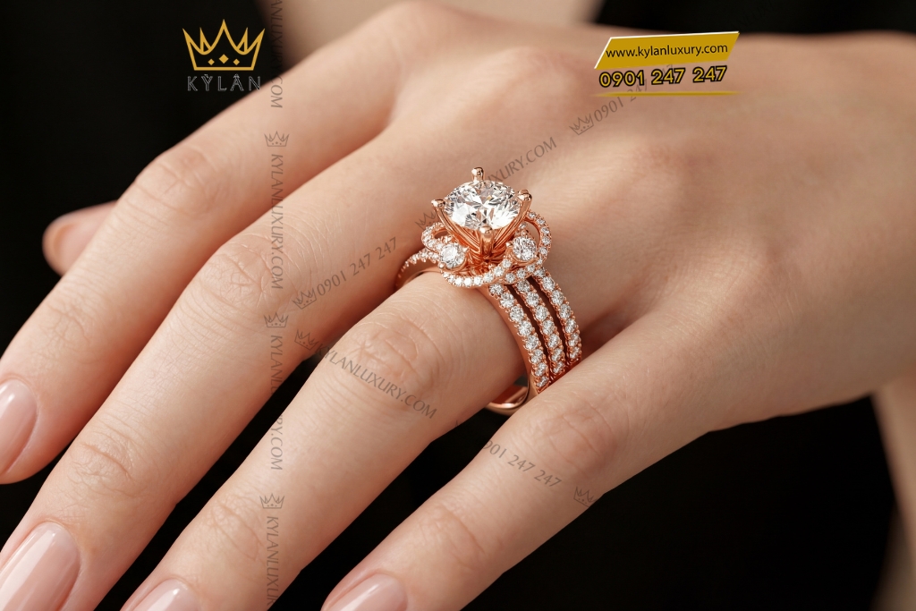 Nhẫn nữ vàng hồng Au750 đính kim cương 14 Kỳ Lân Luxury Nhan nu vang hong Au750 dinh kim cuong 8 1 Nhẫn nữ vàng hồng Au750 đính kim cương