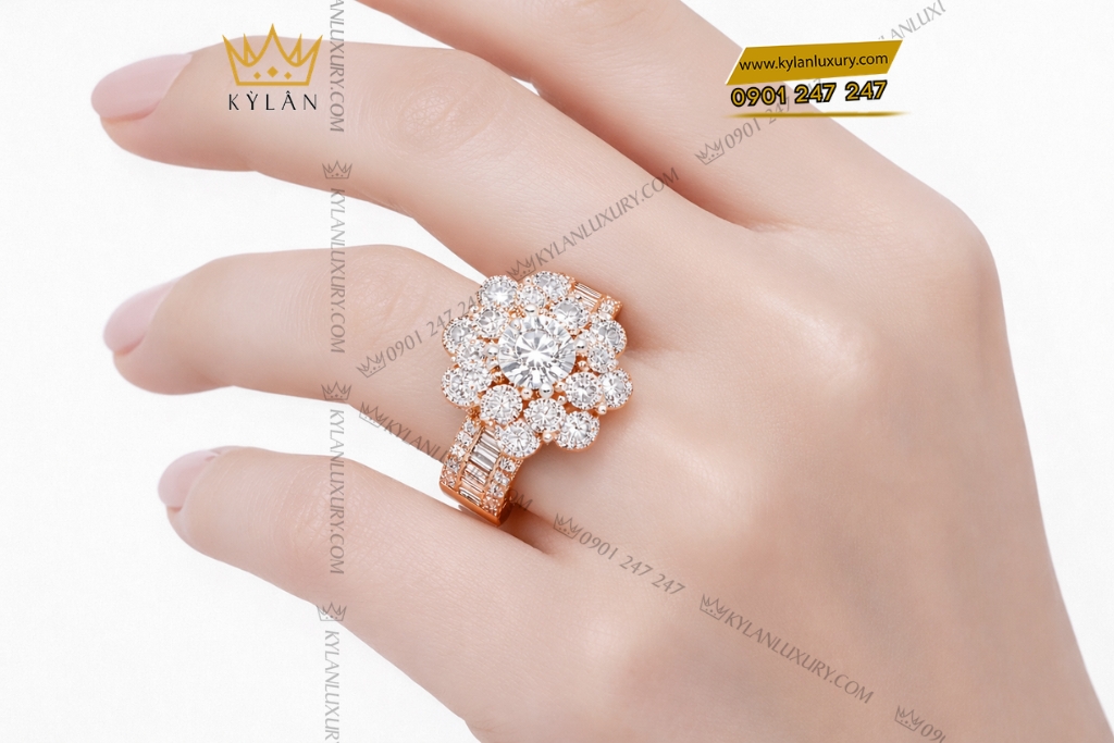 Nhẫn nữ vàng hồng Au750 đính kim cương