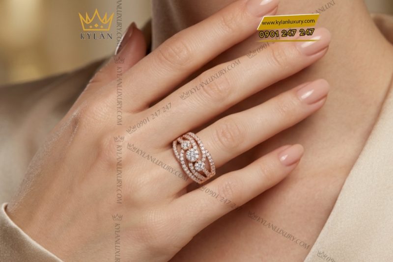 Nhẫn nữ vàng hồng Au750 đính kim cương