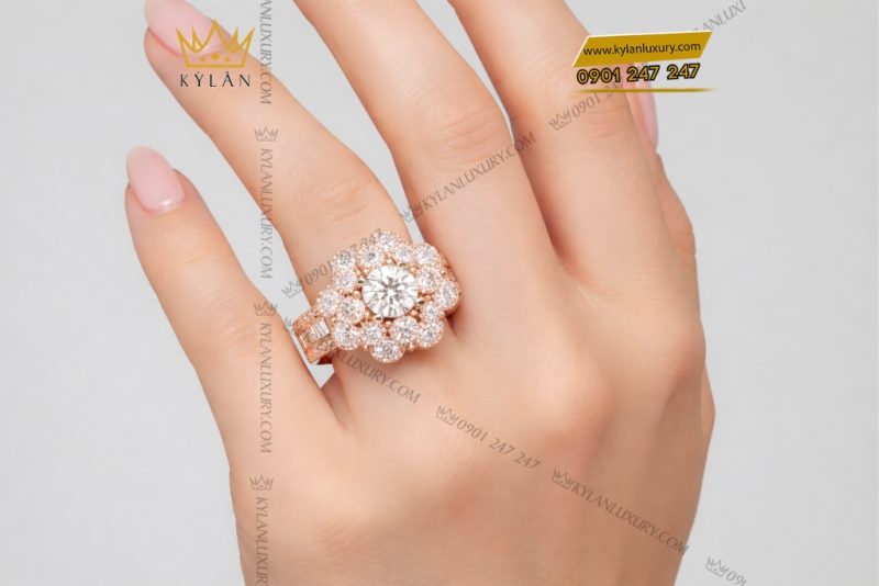 Nhẫn nữ vàng hồng Au750 đính kim cương