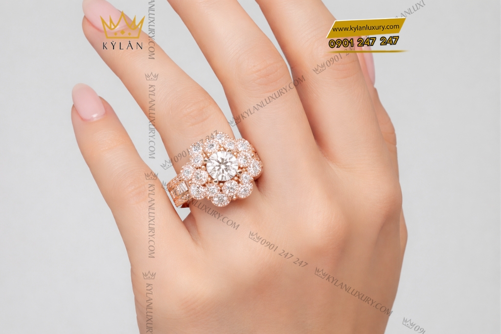 Nhẫn nữ vàng hồng Au750 đính kim cương
