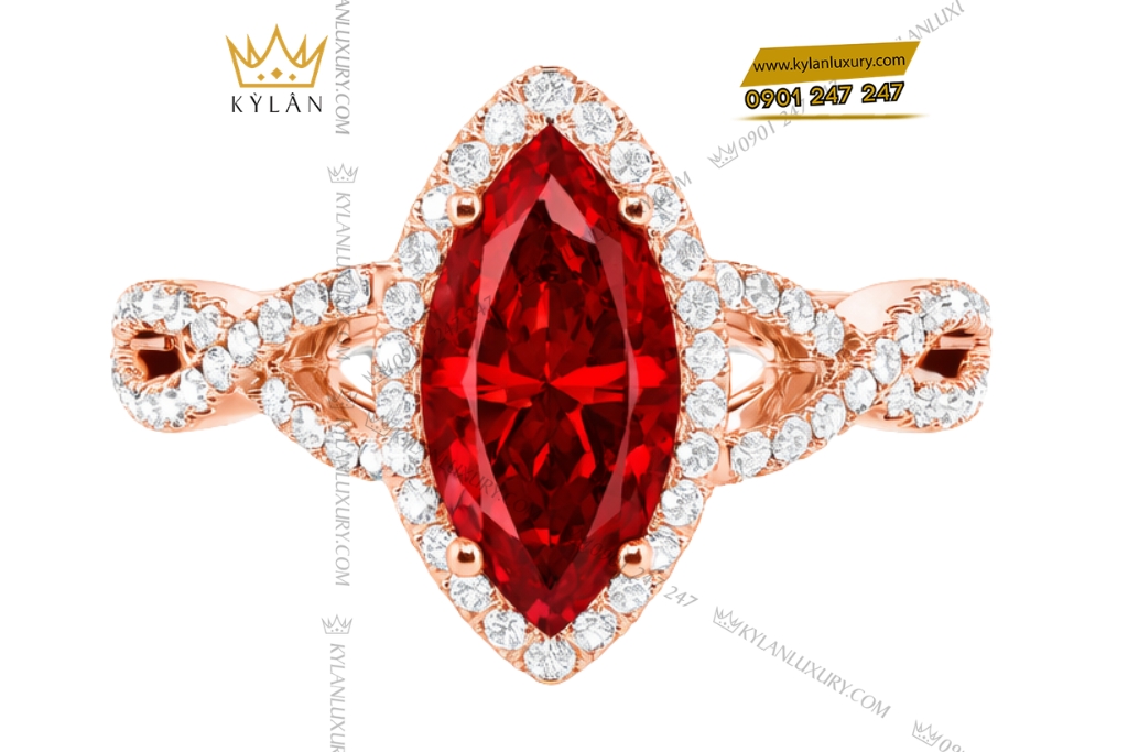 Nhẫn nữ vàng hồng Au750 đính kim cương và đá sapphire đỏ