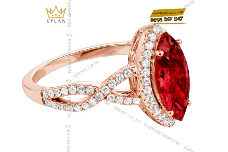 Nhẫn nữ vàng hồng Au750 đính kim cương và đá sapphire đỏ