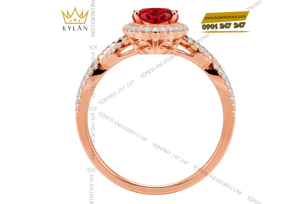 Nhẫn nữ vàng hồng Au750 đính kim cương và đá sapphire đỏ