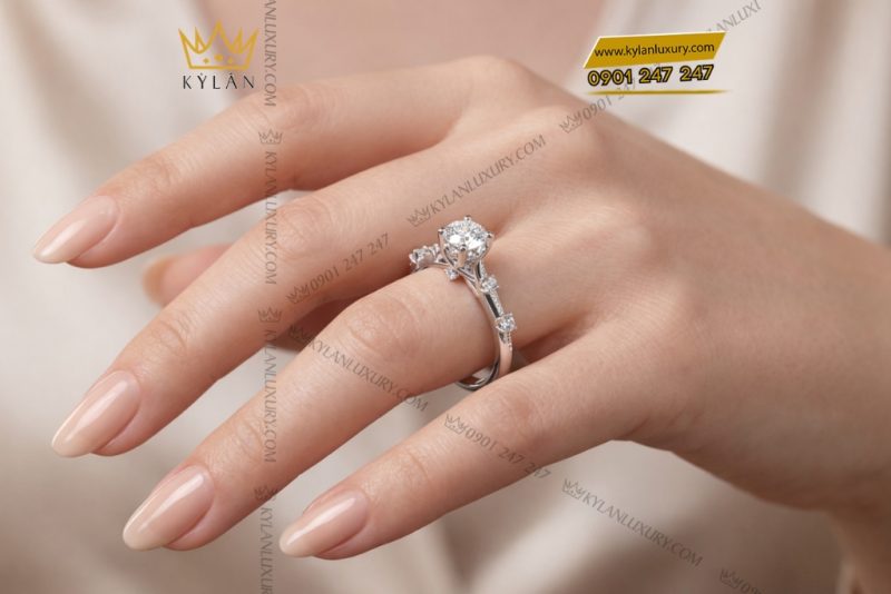 Nhẫn nữ vàng trắng Au750 đính kim cương