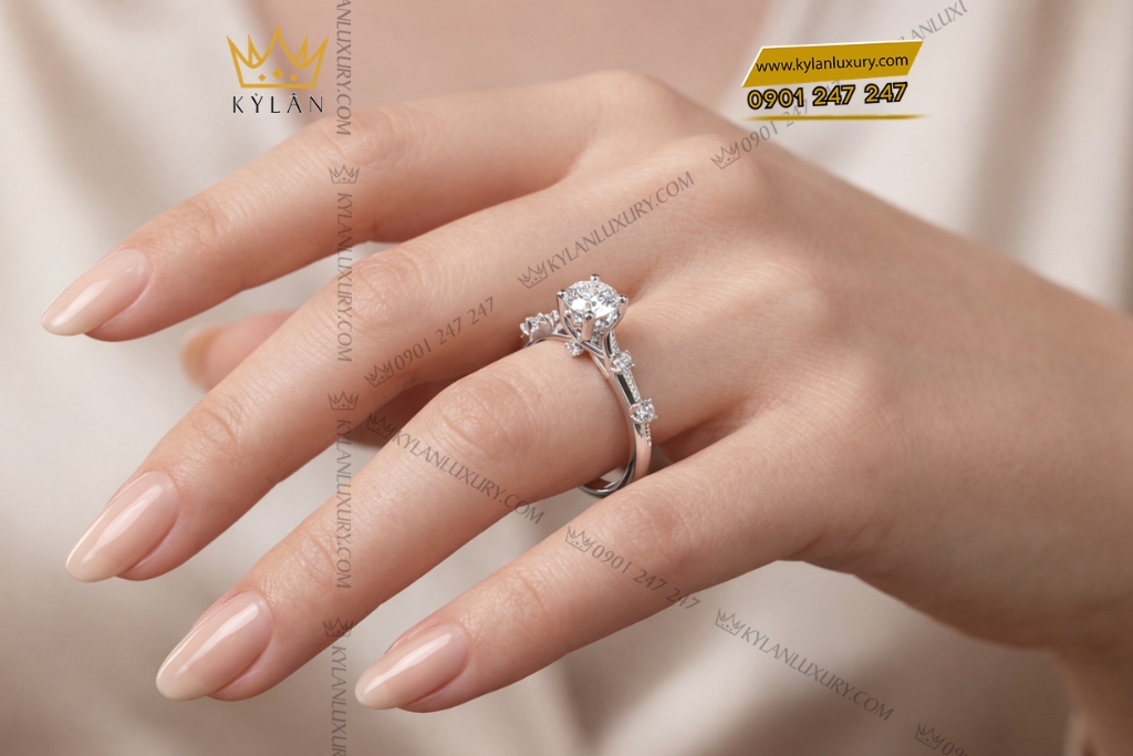 Kỳ Lân Luxury Nhan nu vang trang Au750 dinh kim cuong 10 1 Nhẫn nữ vàng trắng Au750 đính kim cương