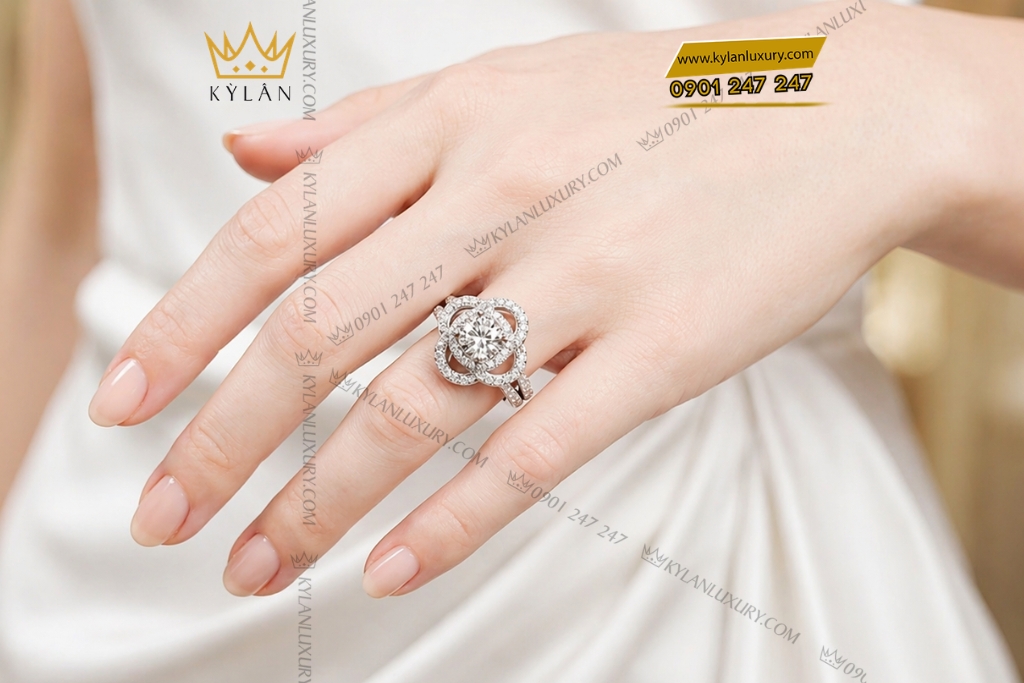 Nhẫn nữ vàng trắng Au750 đính kim cương