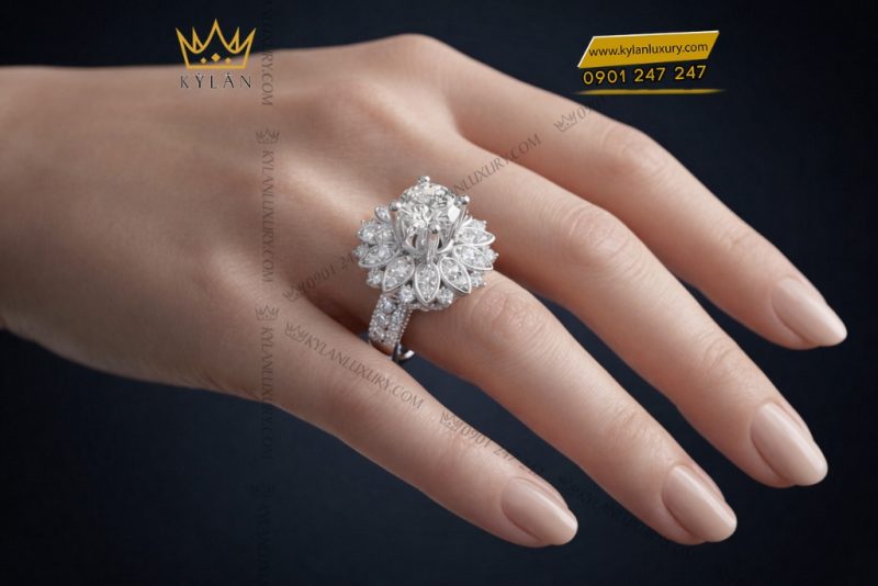 Nhẫn nữ vàng trắng Au750 đính kim cương