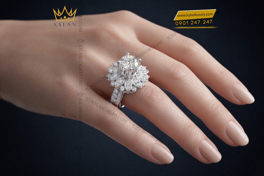 Nhẫn nữ vàng trắng Au750 đính kim cương