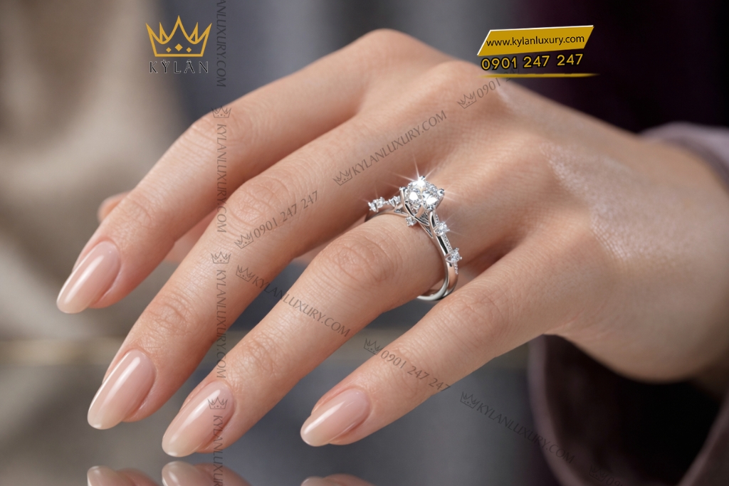 Nhẫn nữ vàng trắng Au750 đính kim cương