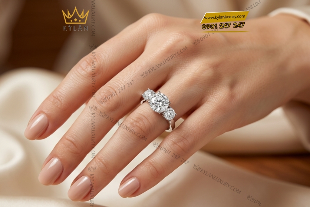 Nhẫn nữ vàng trắng Au750 đính kim cương