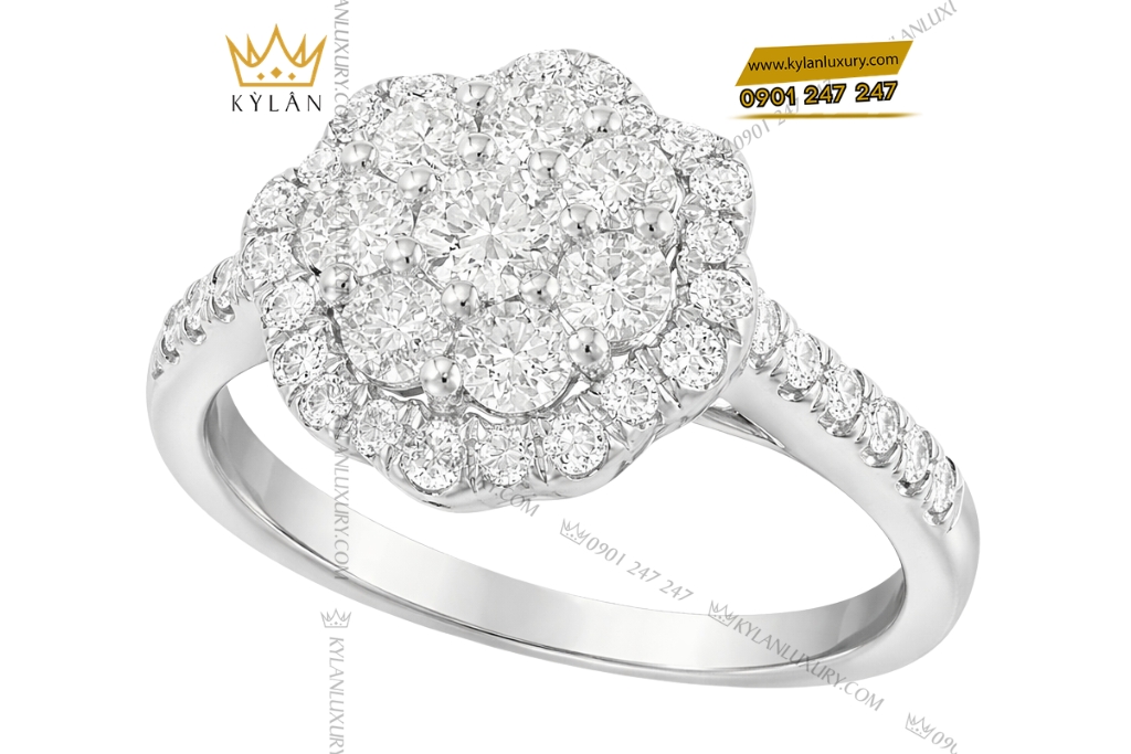 Nhẫn nữ vàng trắng Au750 đính kim cương