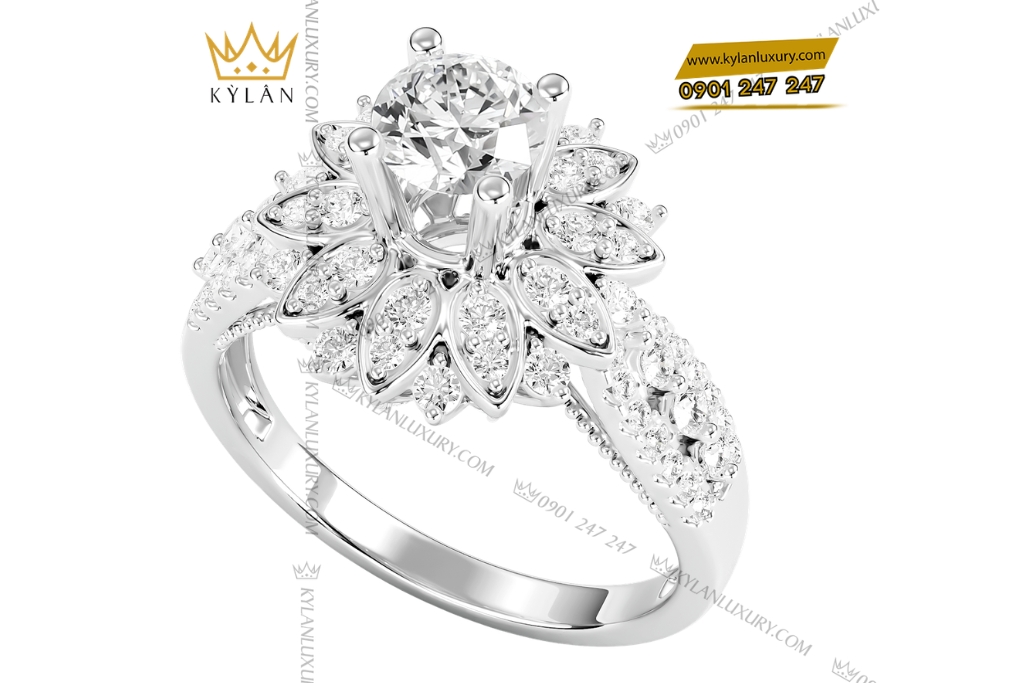 Nhẫn nữ vàng trắng Au750 đính kim cương