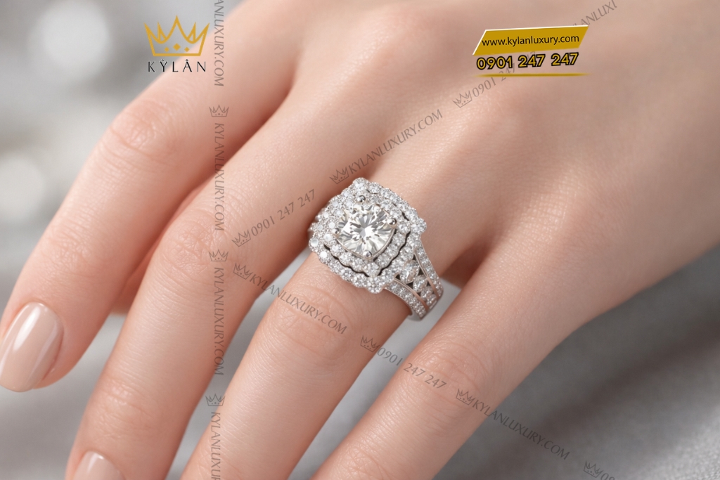 Nhẫn nữ vàng trắng Au750 đính kim cương