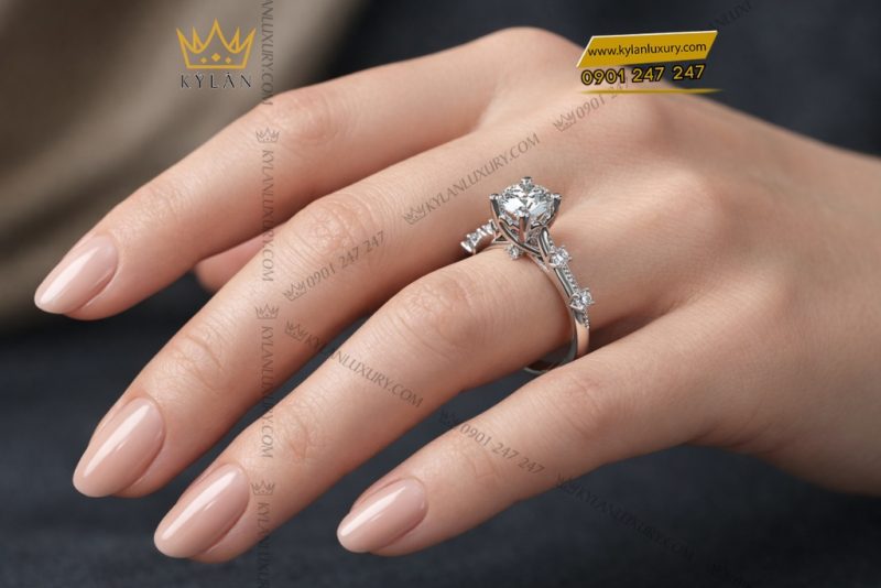 Nhẫn nữ vàng trắng Au750 đính kim cương