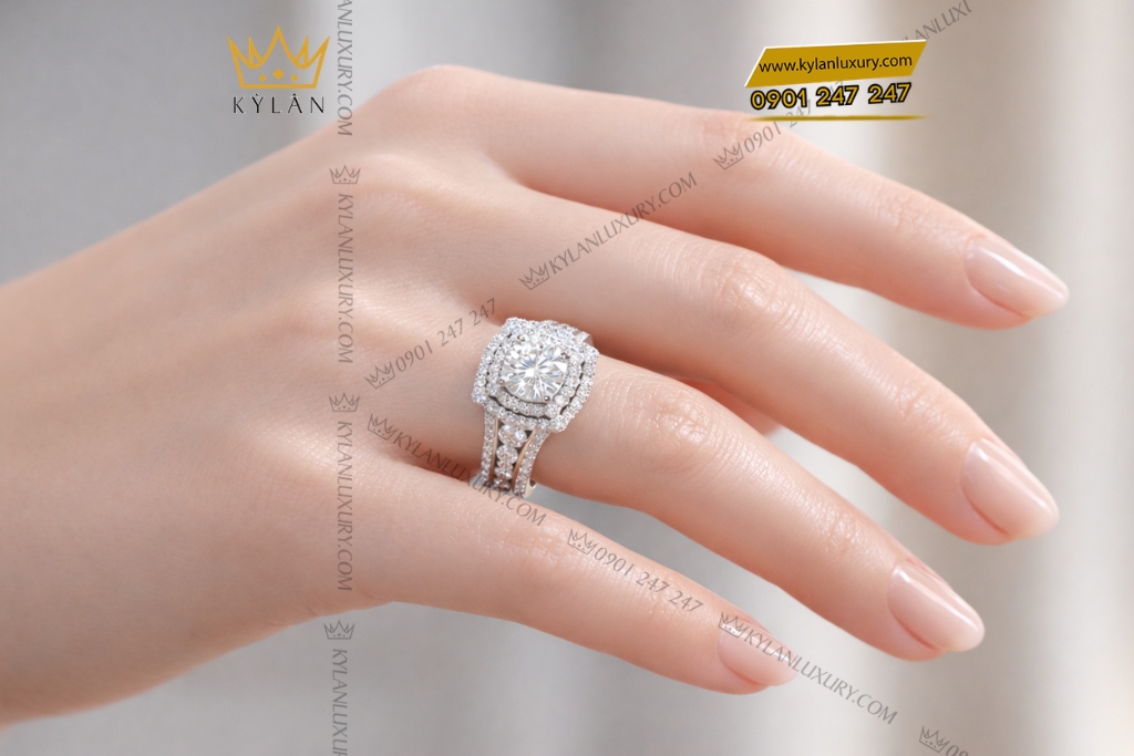Kỳ Lân Luxury Nhan nu vang trang Au750 dinh kim cuong 8 3 Nhẫn nữ vàng trắng Au750 đính kim cương