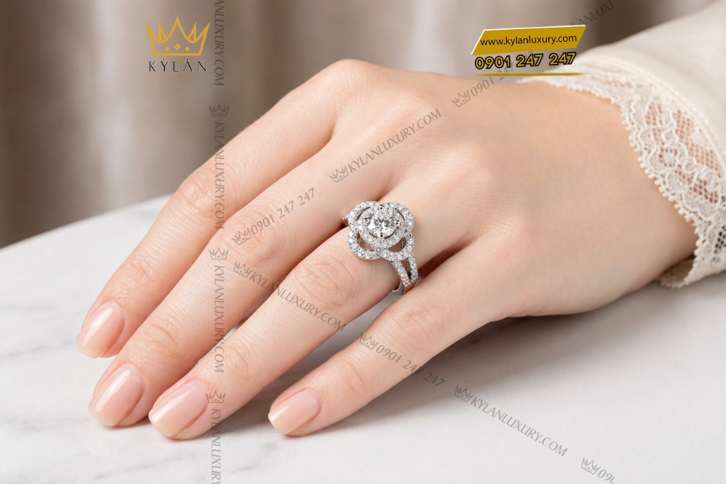 Nhẫn nữ vàng trắng Au750 đính kim cương