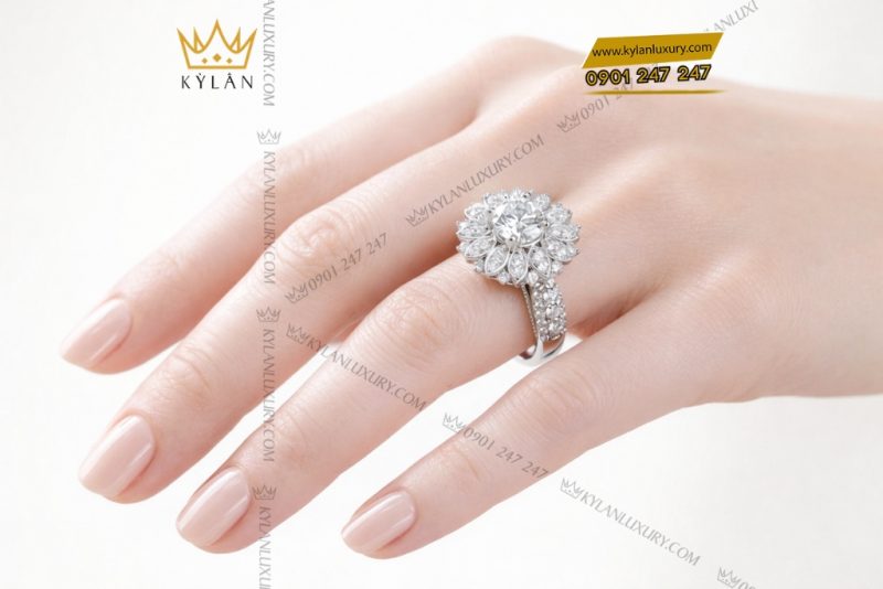 Nhẫn nữ vàng trắng Au750 đính kim cương