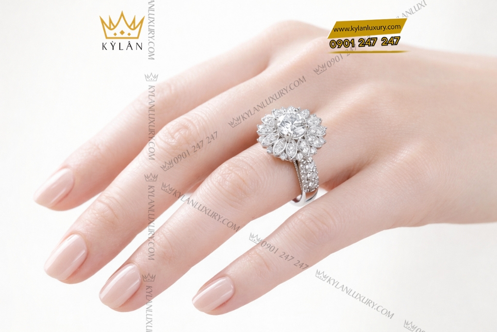 Kỳ Lân Luxury Nhan nu vang trang Au750 dinh kim cuong 8 Nhẫn nữ vàng trắng Au750 đính kim cương