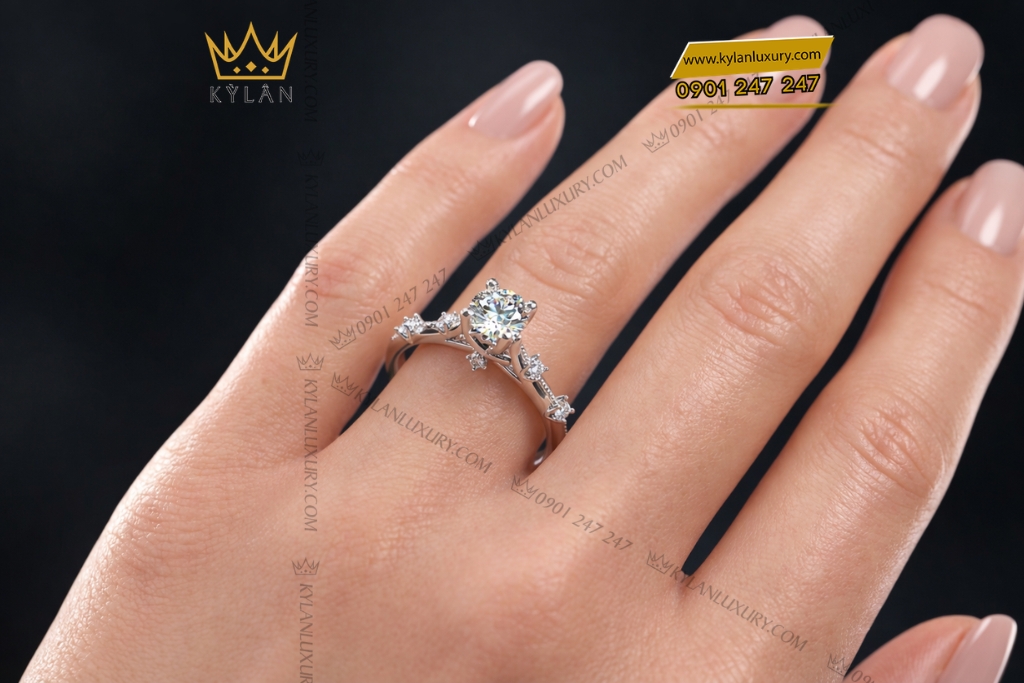 Nhẫn nữ vàng trắng Au750 đính kim cương