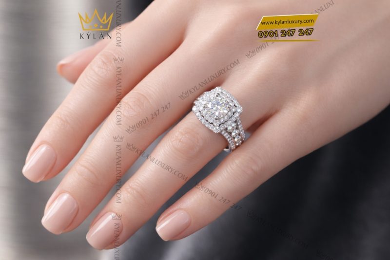 Nhẫn nữ vàng trắng Au750 đính kim cương