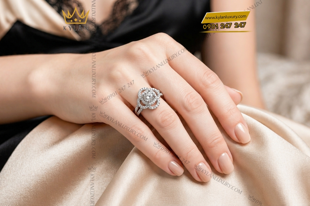 Kỳ Lân Luxury Nhan nu vang trang Au750 dinh kim cuong 9 4 Nhẫn nữ vàng trắng Au750 đính kim cương