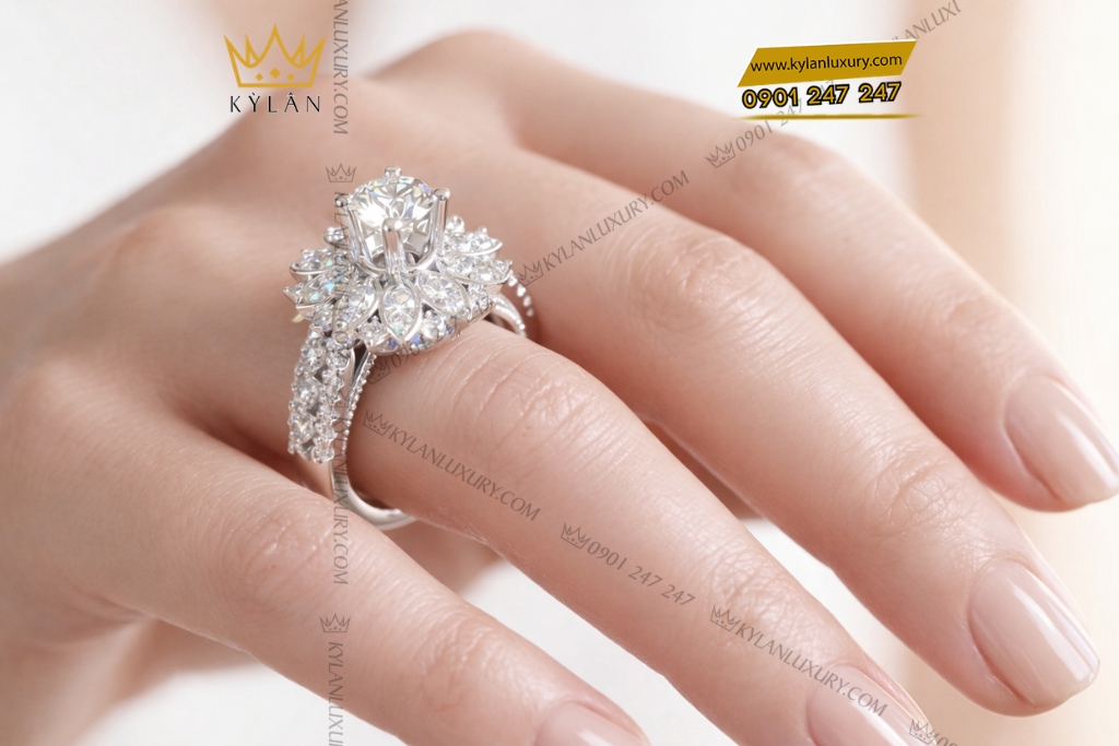 Nhẫn nữ vàng trắng Au750 đính kim cương