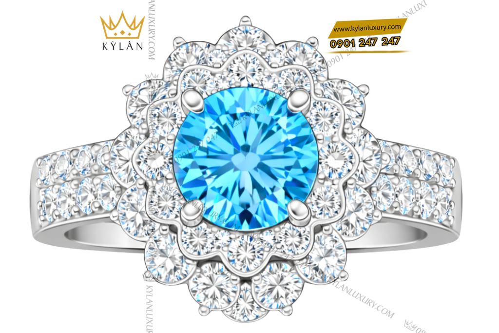 Nhẫn nữ vàng trắng Au750 đính kim cương và đá Topaz